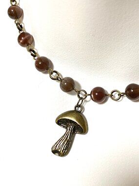 Purple Cat's Eye Adjustable Short Necklace w/ Cute Bronze Slim Mushroom Pendant